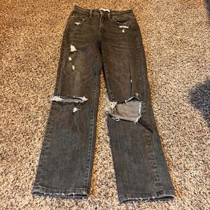 VERVET BLUE Women's Charcoal Black Distressed Ripped Straight Leg Jeans‎